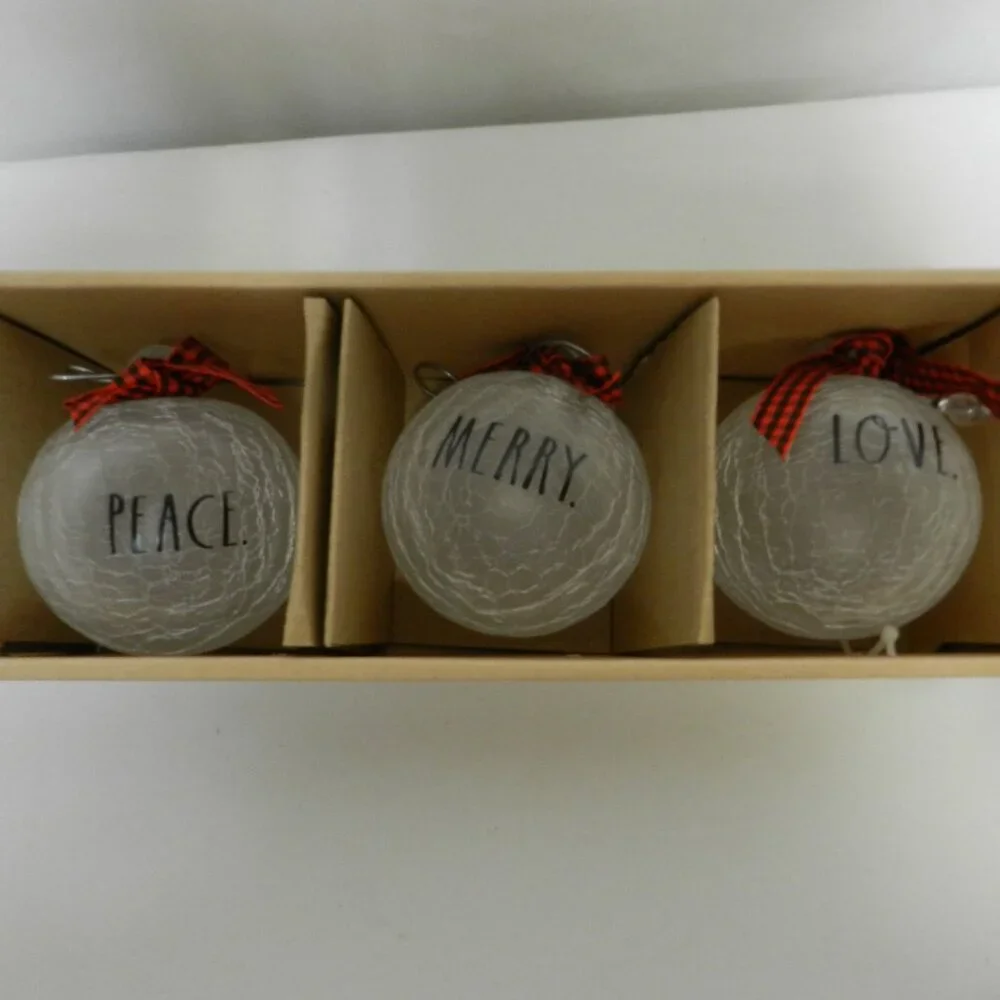 Rae Dunn Christmas Holiday Crackle Glass Ornament Set 3 Peace Merry Love 3